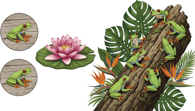 Vector illustration of tropical frogs with leaves and flowers in vibrant natural habitat decorative design