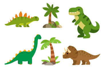 Cartoon set with dinosaurs and palm trees for children's products and education © Ksenia Belyaeva