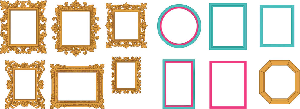 Ornate golden frames with floral scroll designs and colorful geometric frames contrasting classical and modern vector illustration