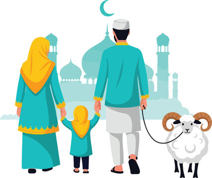 Family with sheep outside mosque.
