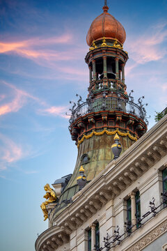 Ornamental dome of the Four Seasons Hotel in the historic center of Madrid, Spain