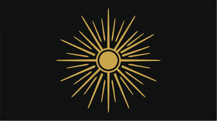 Fototapeta premium Golden radiant sunburst icon with glowing rays on a solid black background for graphic design