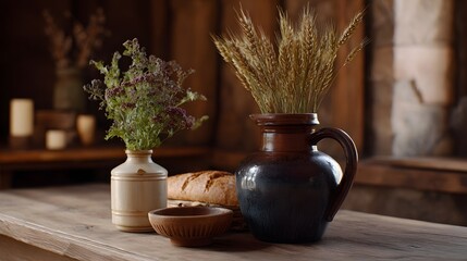 Naklejka premium A rustic still life arrangement featuring fresh bread golden wheat sheaves and fragrant herbs displayed on warm wooden surfaces