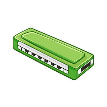 Green harmonica with piano-style keys, cartoon illustration of a musical instrument
