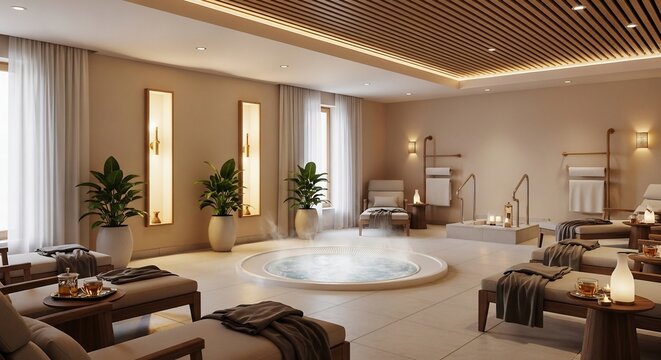 Luxurious Spa Interior with Jacuzzi and Relaxation Loungers.