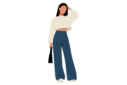 Woman holding black handbag standing confidently with hands on hips Vector