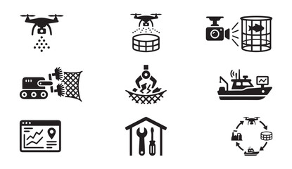 Obraz premium Aquaculture and drone technology icons: farming monitoring automation