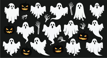 Fototapeta premium Seamless vector pattern with Halloween elements like pumpkins, spiders, ghosts, and skulls on a pink background