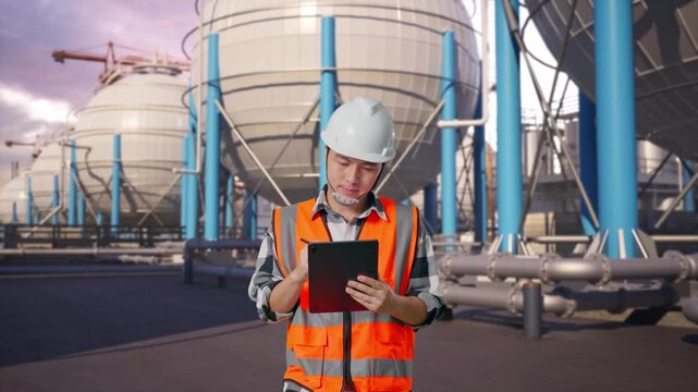 Front View of Asian Male Engineer Taking Note on Tablet While Walking with Spherical Propane Tanks with Fuel Gas Pipelines