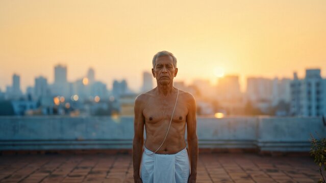 Indian Elder Performing Surya Namaskar Sunrise | Traditional Yoga Spiritual Wellness Background
