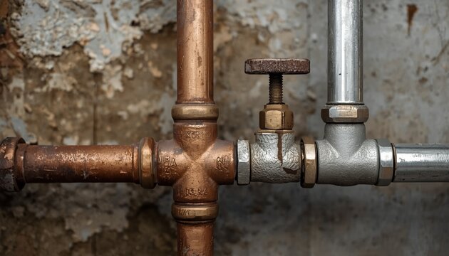A plumber replacing old metal pipes with new ones, showing contrast between worn and modern materials.