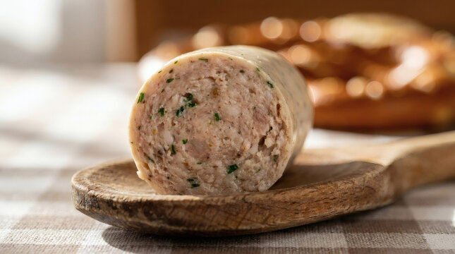 Weisswurst Bavarian White Sausage Macro on Wooden Spoon Traditional German Food