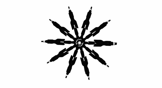 Abstract starburst pattern made of stylized rocket ships in black and white