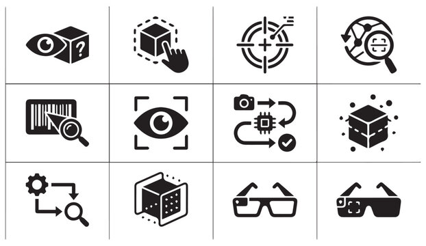 Set of 12 black icons for augmented reality and vision technology with augmented