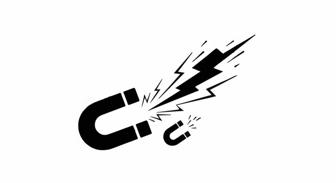 Powerful horseshoe magnet attracting a smaller magnet with energetic sparks flying.