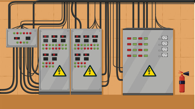 Vector industrial electrical panel and server room interior. Flat design control room scene with cables, fuse boxes, high voltage signs, and fire extinguisher. Power plant or data center background.