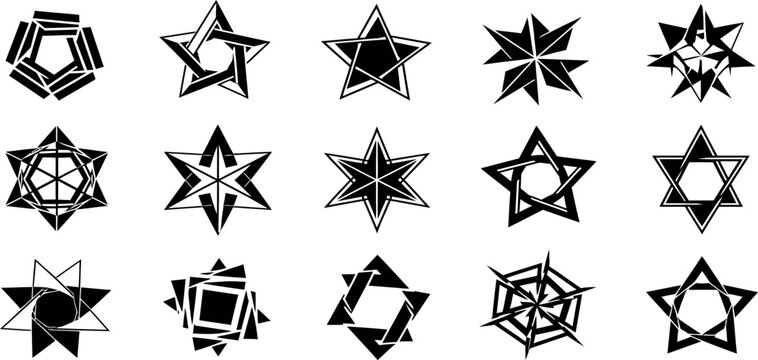 Geometric star icons set, black abstract star shapes and pentagram symbols, 15 decorative vector elements for logo design and branding