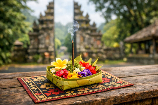 Traditional Balinese Daily Offering Canang Sari at Temple Entrance