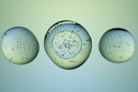 Transparent spheres with inner bubbles, cells or molecules concept