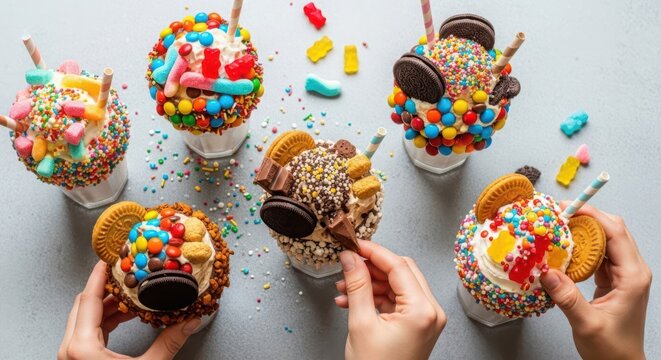 Decadent milkshakes overflowing with colorful candy, cookies, and sprinkles, ready to be enjoyed.