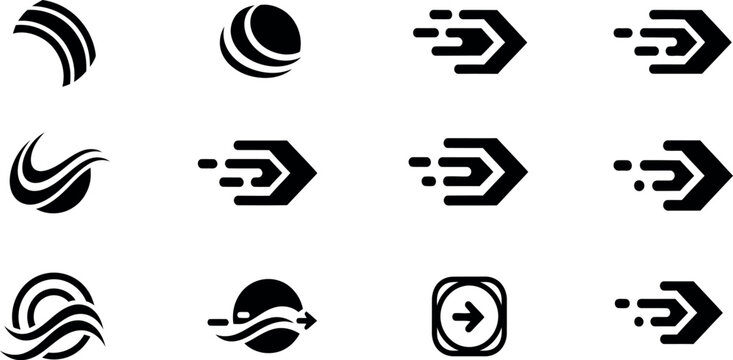 Minimalist speed logo icons set, 12 black vector motion symbols, abstract fast delivery arrows and dynamic wave shapes for corporate branding