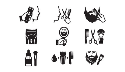 Obraz premium Barbershop grooming tools and beard care icons set with scissors, grooming