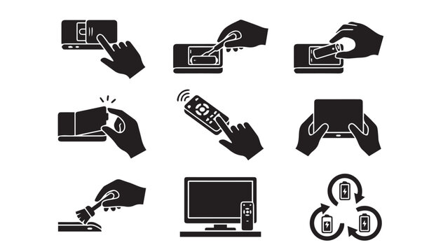 Electronic device control icons set for tv remote media management with wireless