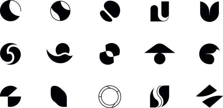 Minimalist geometric logo marks, set of 15 abstract black vector icons, modern corporate branding symbols for identity design and tech startups