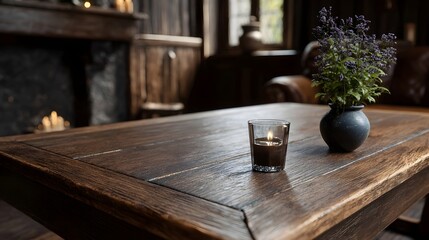 Fototapeta premium A still life capturing purple flowers and a glowing candle on a rustic wooden surface in a cozy warm interior setting