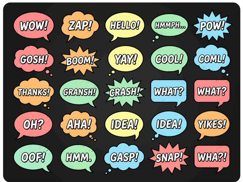 Colorful Comic Speech Bubbles and Pop Art Onomatopoeia Expressions Set, Hand Drawn Text Clouds for Social Media and Creative Graphic Design