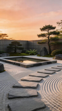 Japanese karesansui dry landscape garden with stone path, pond, and pine trees at sunset