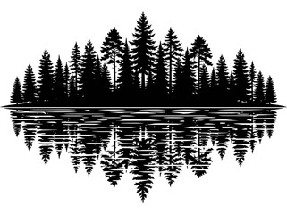 Black Silhouette of a Pine Forest Reflecting on Water, Minimalist Coniferous Tree Line Vector Illustration on White Background © Quneza