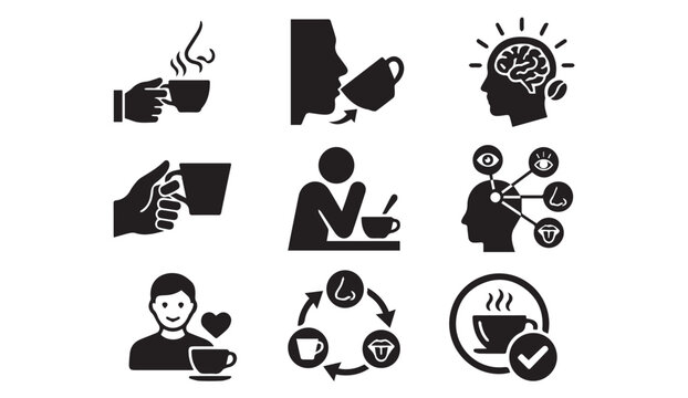 Icons representing coffee aroma consumption mental effects enjoyment experience