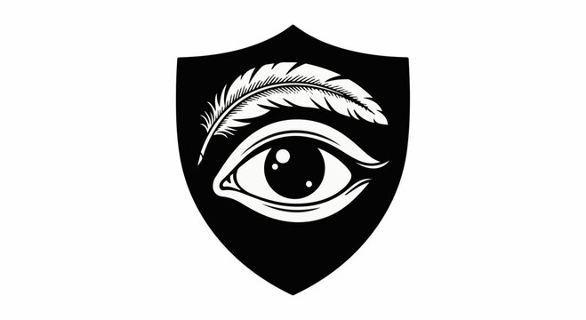 Symbol of vigilance and insight, an eye within a shield with a feather.