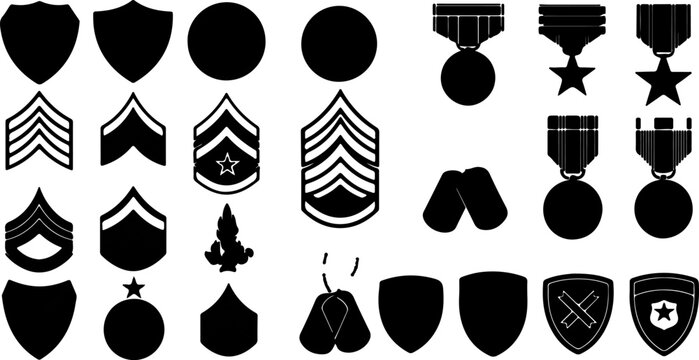 Military Army Rank Badge Medal Shield Chevron Insignia Silhouette Vector Set Bundle
