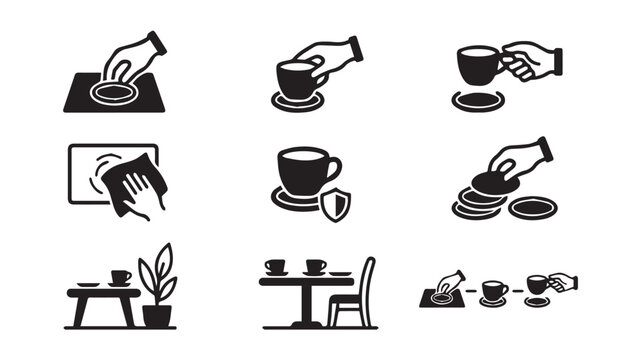 Cup handling and table setting etiquette icons set for cafe and restaurant
