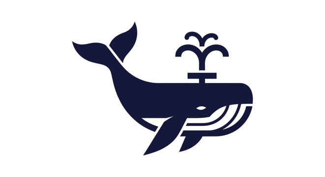 Minimalist navy blue whale icon spouting water on white background