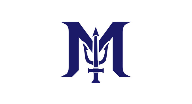 Minimalist navy blue letter M and trident logo icon