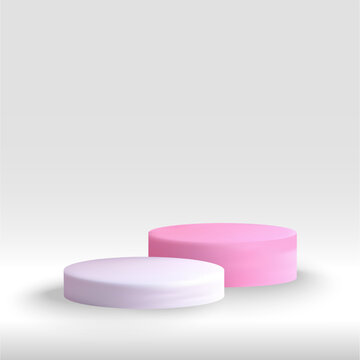 Two minimalist podiums for product demonstration on a white background. White and pink podiums. Eps 10