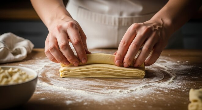 Close-up of baker's hands folding multiple layers of thin dough on a floured wooden surface, preparing artisanal puff pastry or laminated crust in a professional kitchen setting.