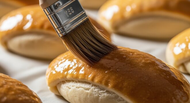 Close-up macro view of a pastry brush applying a glossy egg wash glaze onto fresh yeast dough buns, showing the detailed bristles and shiny texture of the liquid coating before baking.