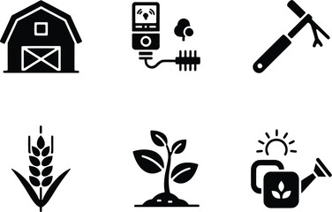 Fototapeta premium Agricultural icons set farming tools and crop illustrations in black silhouette style