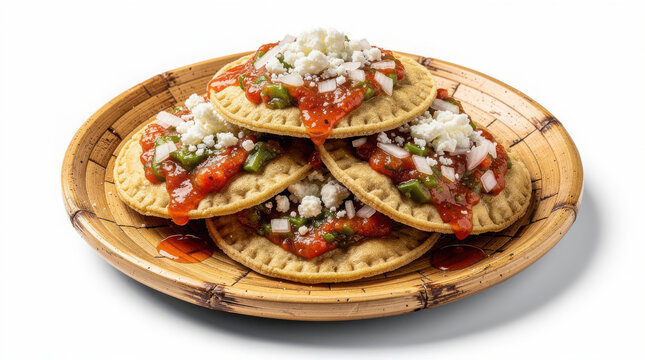 Picadas Veracruzanas on Bamboo Plate 35 Degree Angle Isolated on White Background Studio Shot