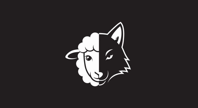 Minimalist sheep and wolf split face graphic on black background