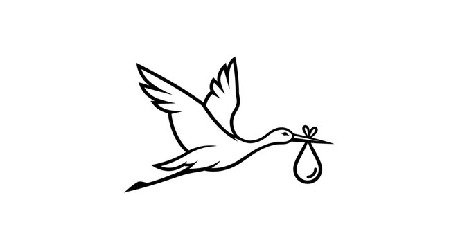 Minimalist stork carrying baby bundle line art illustration