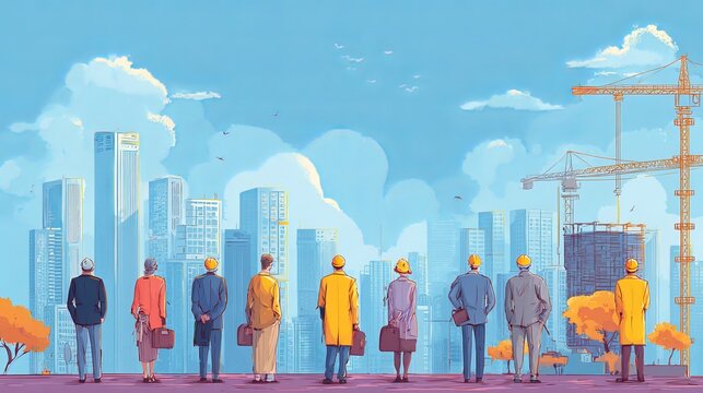 Group of professionals celebrating Labour Day with modern city skyline background, teamwork and unity concept in urban workplace environment
