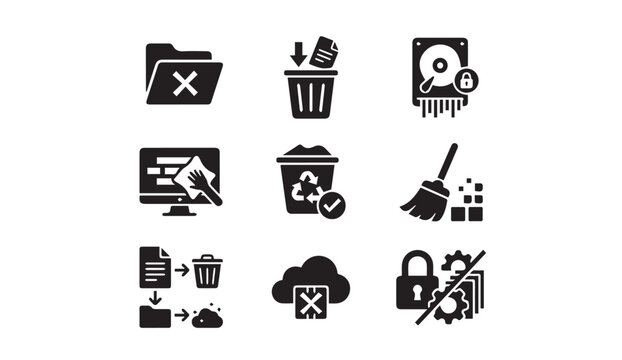 Data cleanup and deletion icons set with folder trash shredder cloud elements