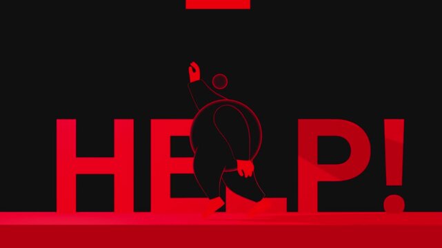 Person figure struggling within bold red help typography on a black background representing depression and the need for emotional support and resilience