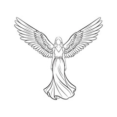 Fototapeta premium Minimalist female angel with large spread wings line art vector illustration isolated on white background