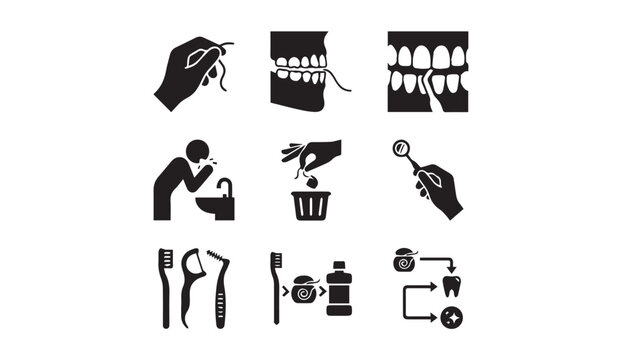 Detailed oral hygiene and interdental cleaning technique icons with flossing
